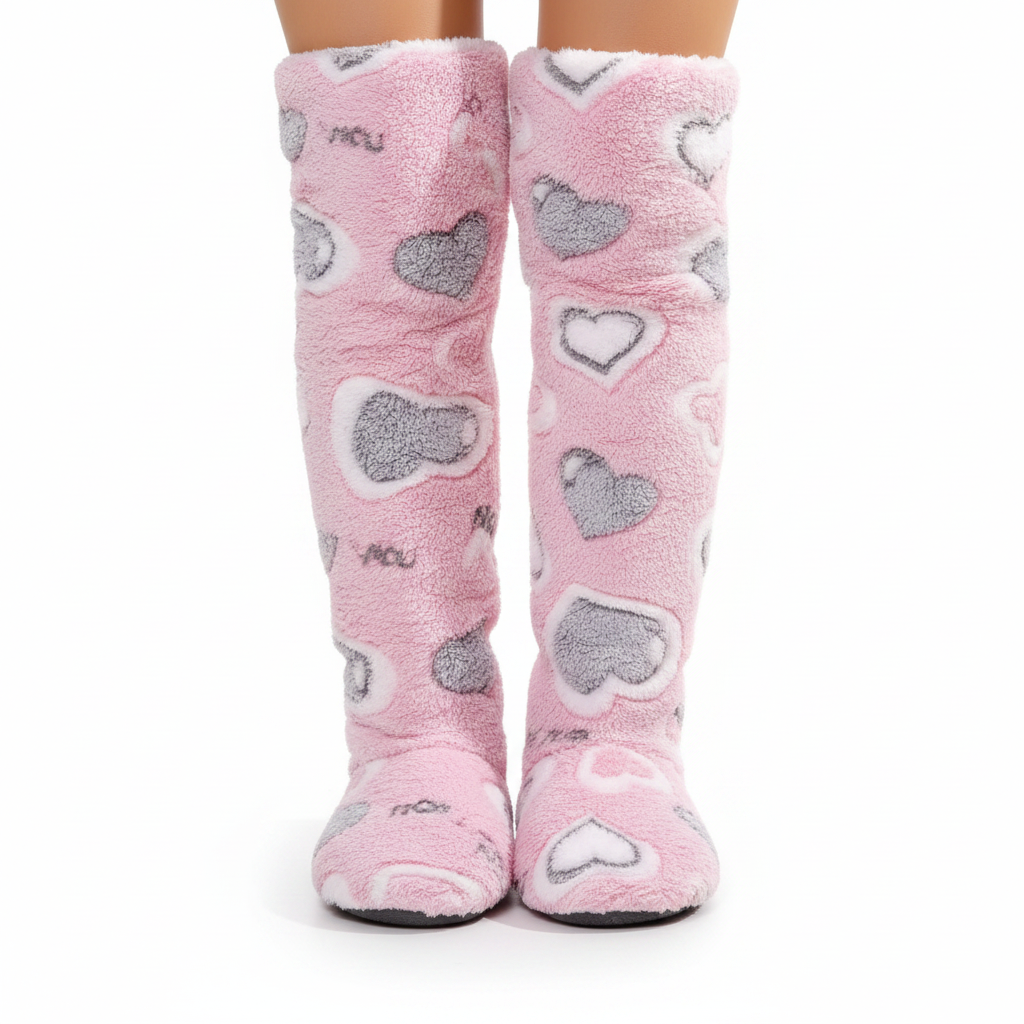 Fluffy Heart Knee-High Slipper Boots