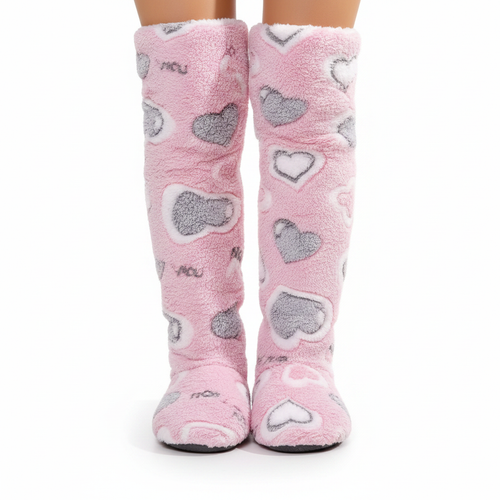 Fluffy Heart Knee-High Slipper Boots