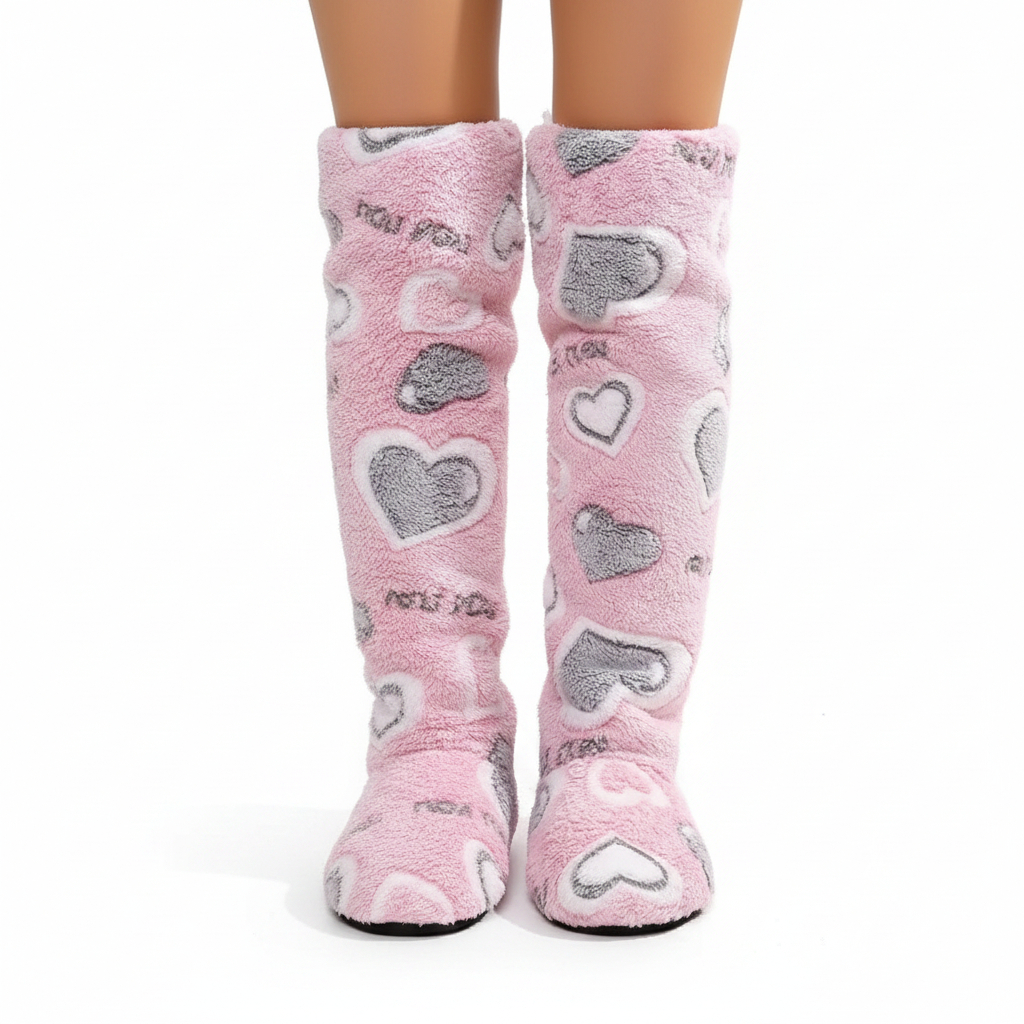 Pink fluffy knee-high slipper boots with grey and white heart pattern - back view